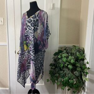 Vintage China Doll Silk Poncho Kimono Beaded V-Neck Tiger Print & Tiger Faces